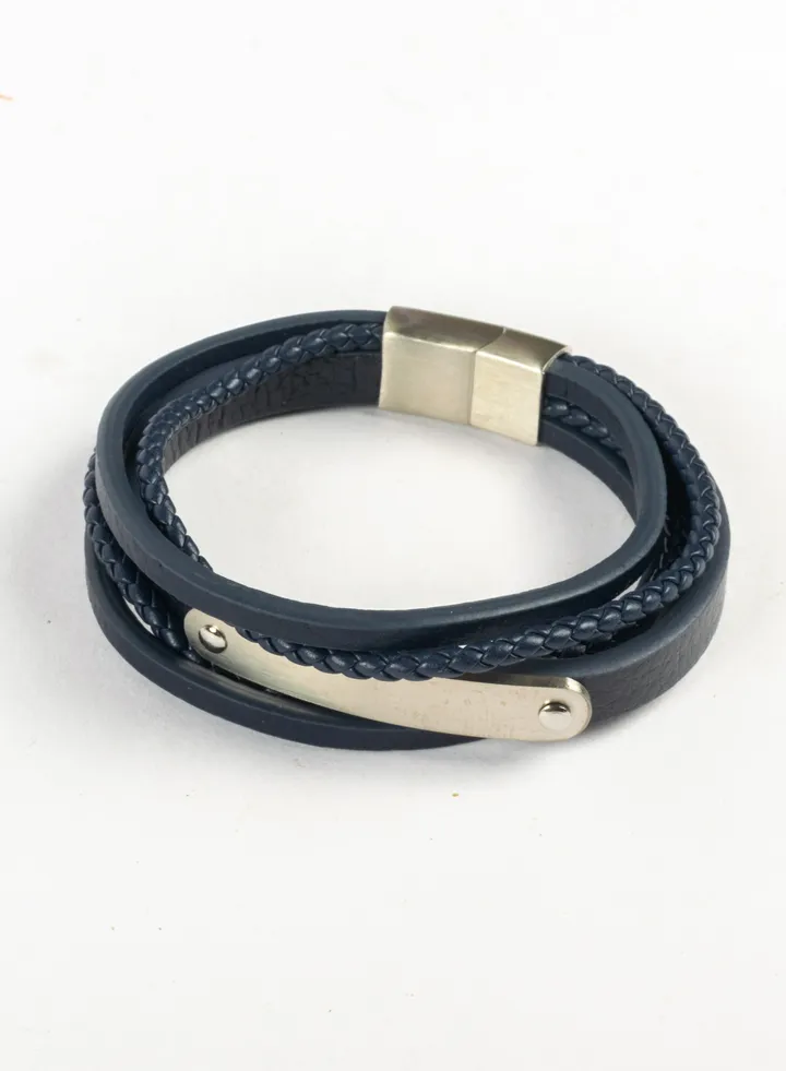Multi Layers Blue Leather & Silver Stainless Steel Bracelet For Him