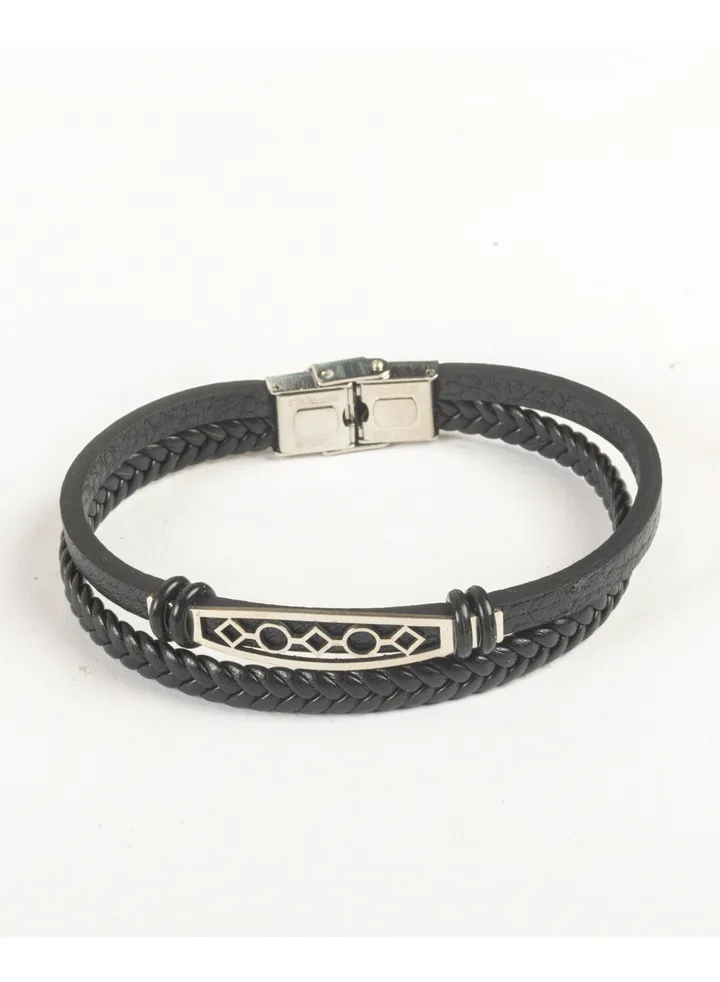 2 Layered Stainless Steel & Black Leather Bracelet For Men