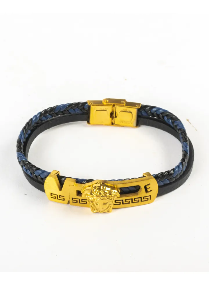 2 Layers Black Blue Leather & Golden Medousa Stainless Steel Bracelet For Him