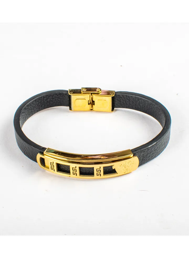 Stainless Steel & Leather Gold Bracelet For Him