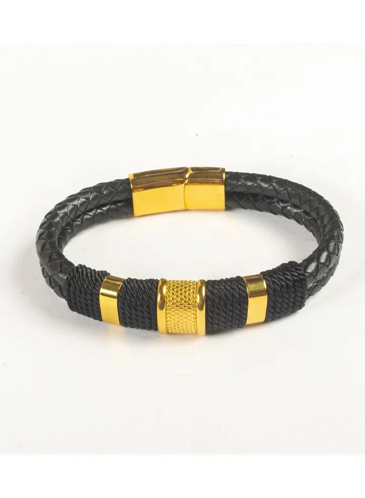 Stainless Steel & Leather 2 Leyers Golden Bracelet For Him