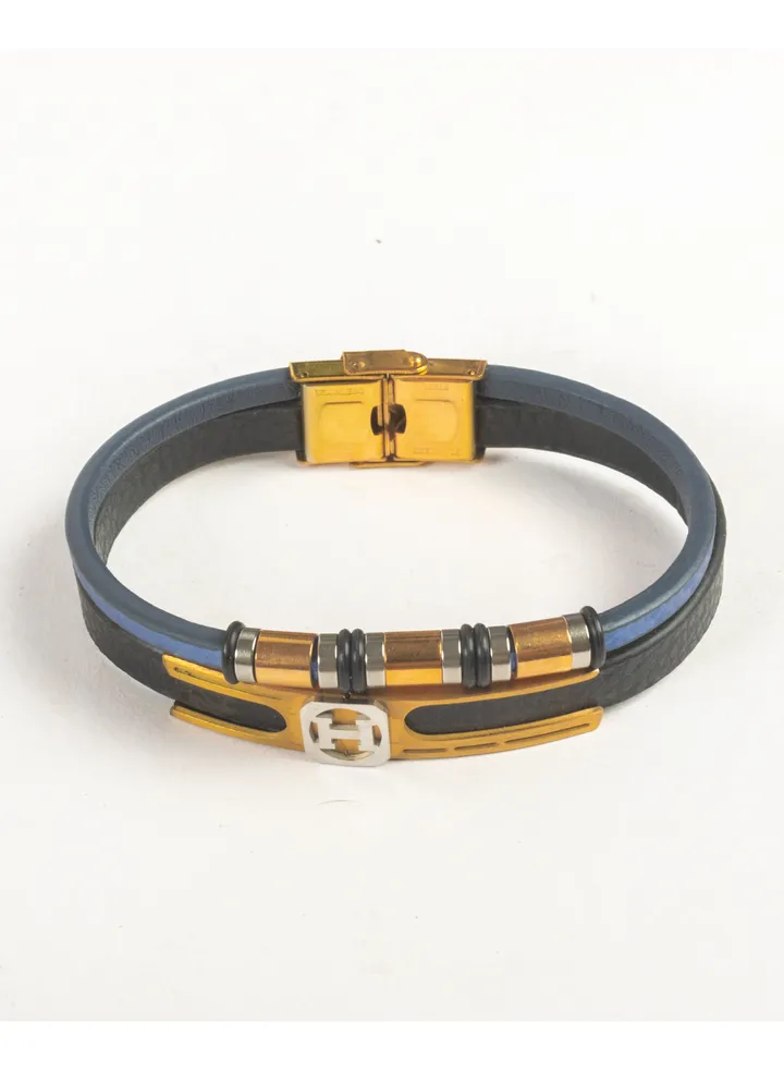 Stainless Steel & Leather 2 Leyers Black, Blue & Gold Bracelet For Him