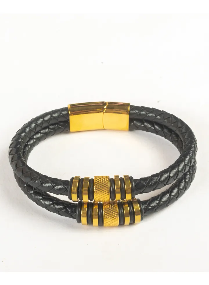Stainless Steel & Leather 2 Leyers Golden Bracelet For Him