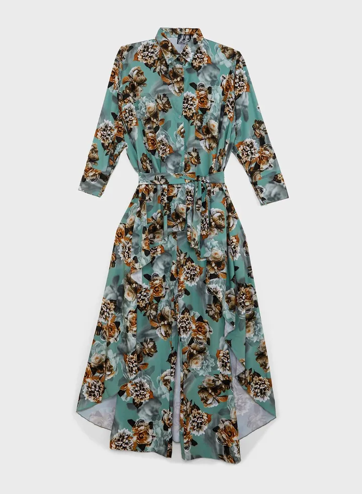 Floral Print Asymmetrical Hem Belted Set