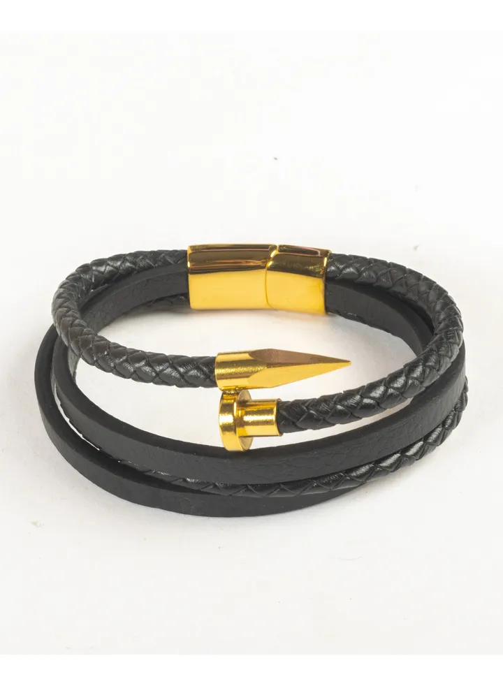 Stainless Steel Leather Bracelet Golden Nail Shape For Him