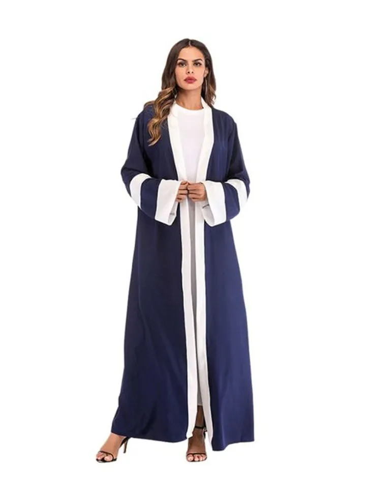 Long Sleeve Tie Knot Casual Loose Abaya Blue/White