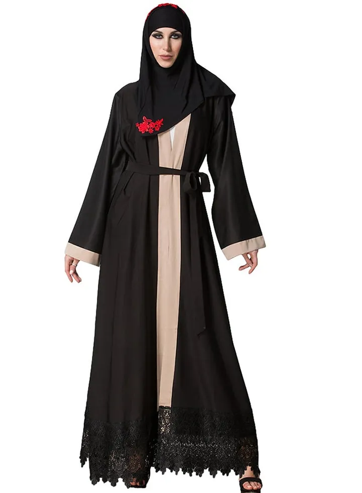 Spliced Crochet Lace Hem Long Sleeve Abaya Black