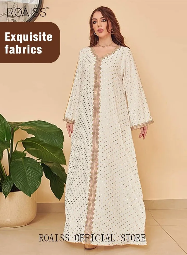 Women Luxury V-neck Polka Dots Robe Maxi Dresses Exclusive Styles Modern Stylish Abaya Middle East Arabic Banquet Wedding Party Dress Women's Festival Clothing