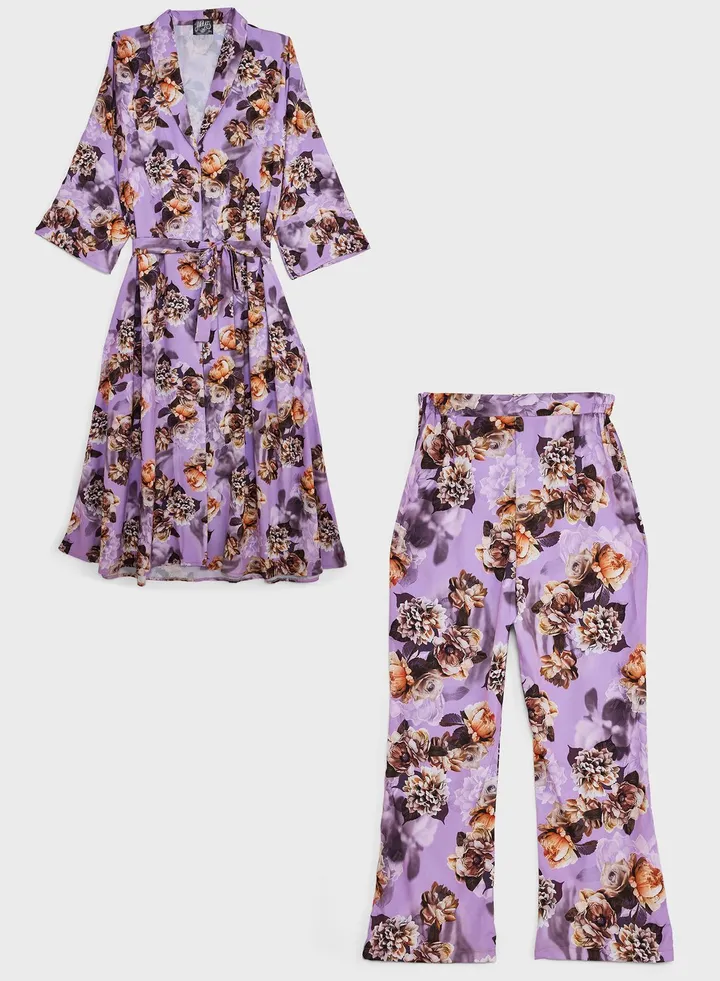 Floral Print Belted Abaya Set