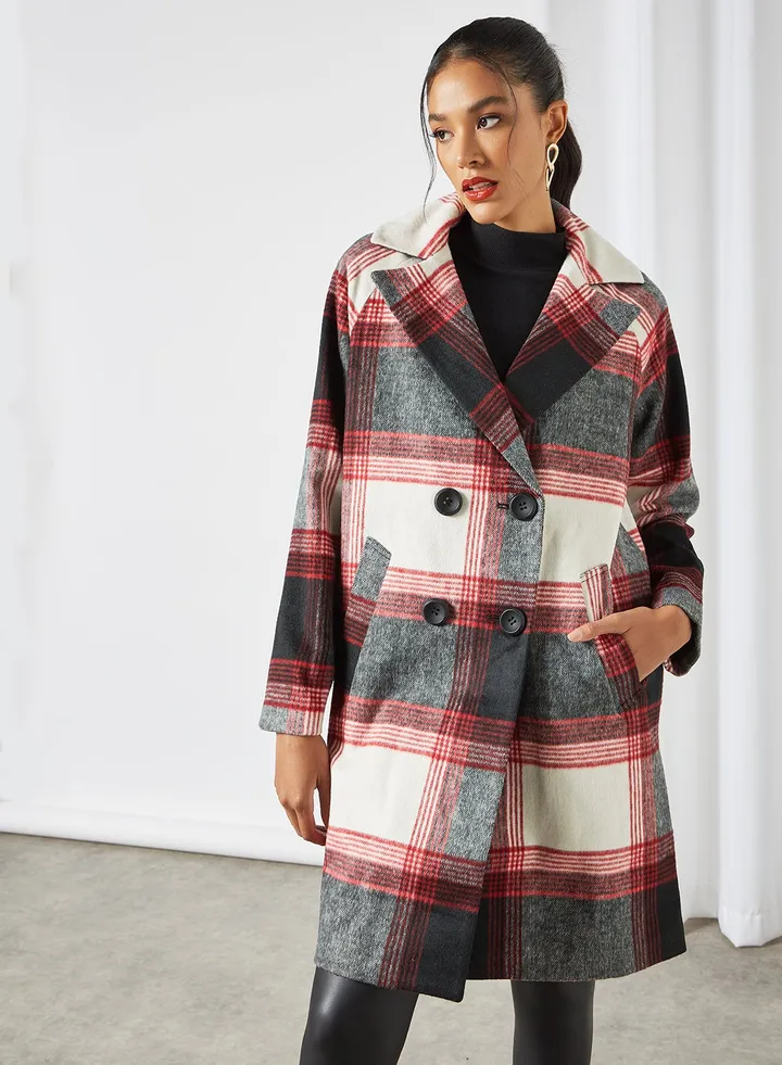 Plaid Longline Coat Red