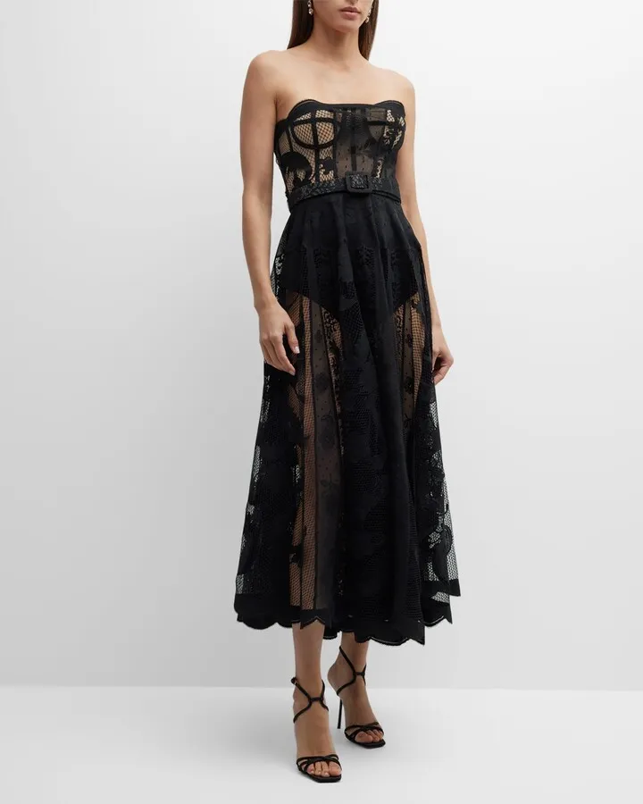 Strapless Floral Lace Belted Midi Bustier Dress
