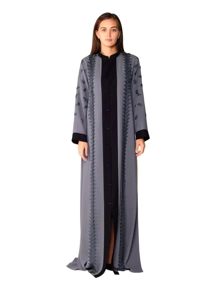 Contrast Border Abaya Steel Grey