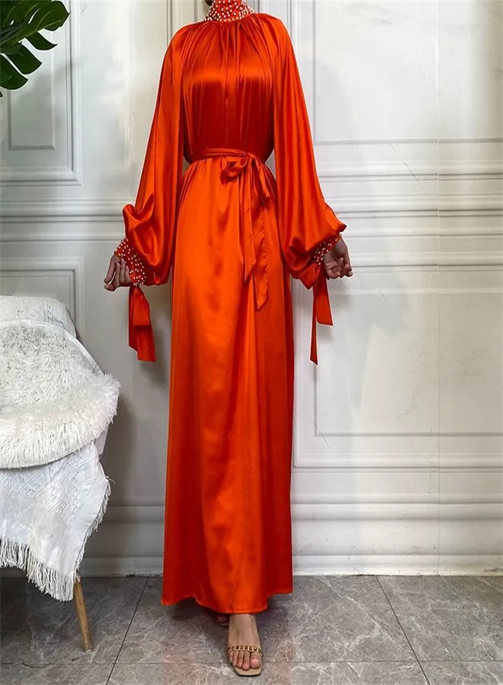 Solid Satin White Pearl Dress Abaya Orange