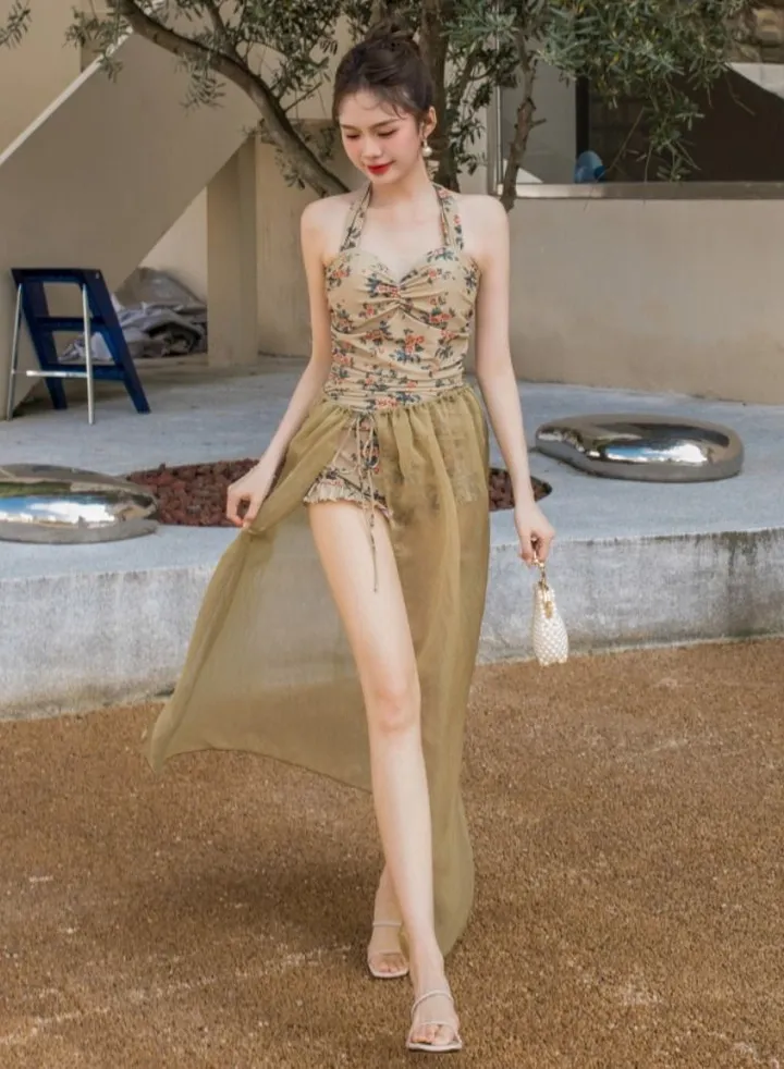 Women's One-piece Swimsuit One-shoulder Suit Slim Floral Printed Swim Dress Set Mesh Swimwear Detachable