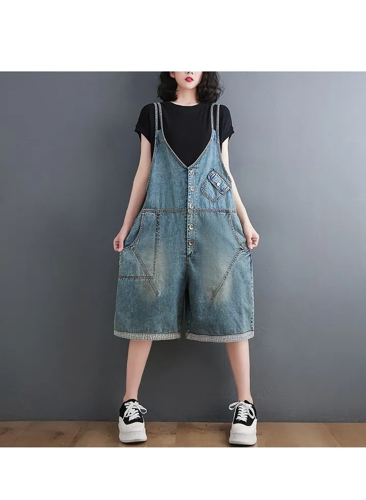 Women's wide leg loose straps loose jeans shorts are short and baggy