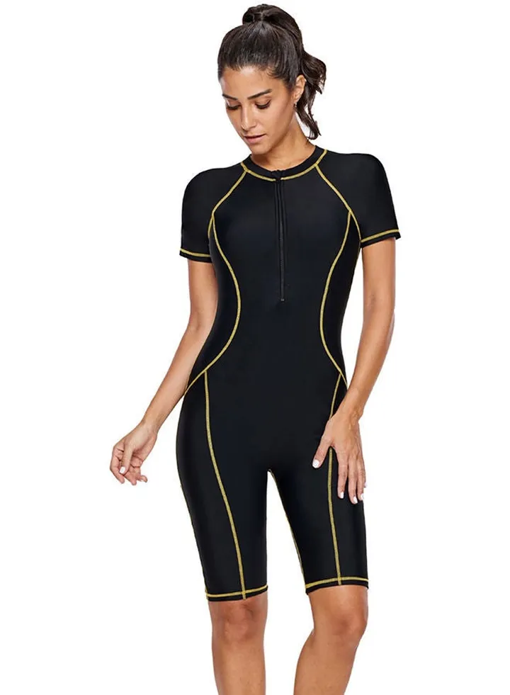 One Piece Short Sleeve Quick-Dry Swimwear Black