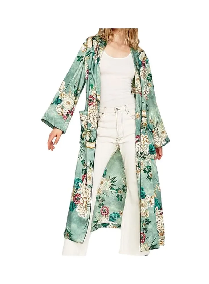 Long Sleeves Kimono Coat Green/White/Red