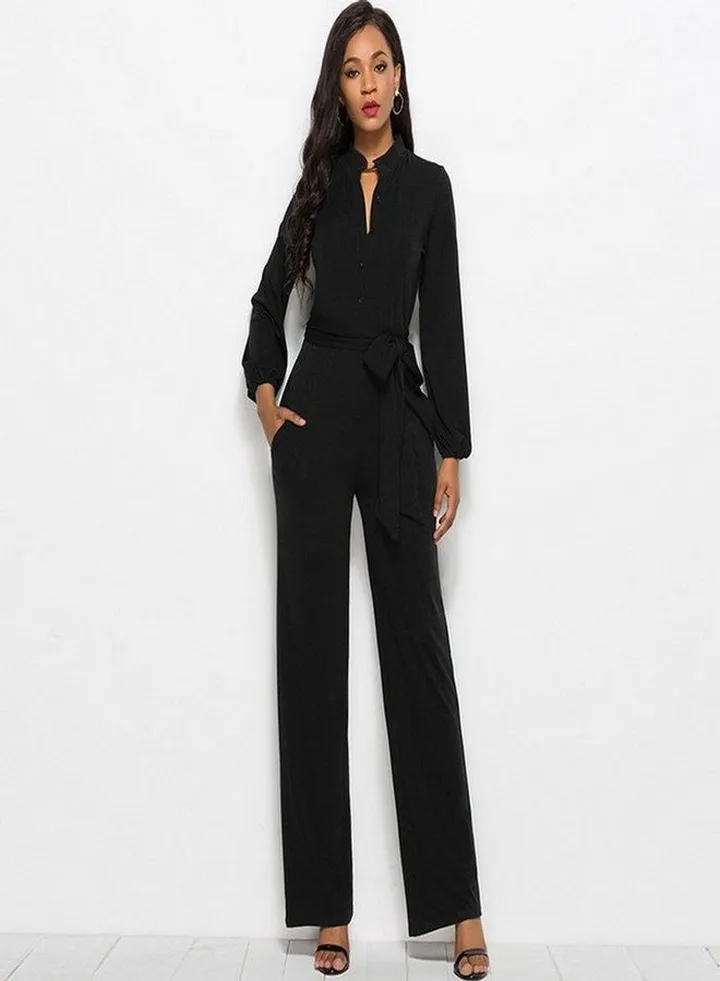 Solid Long Sleeve Slim Belted Jumpsuit Black