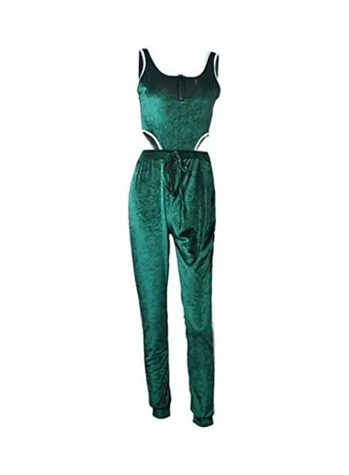 Women's Sleeveless Zipper Striped Patchwork Cami Belt Backless Jumpsuit Green