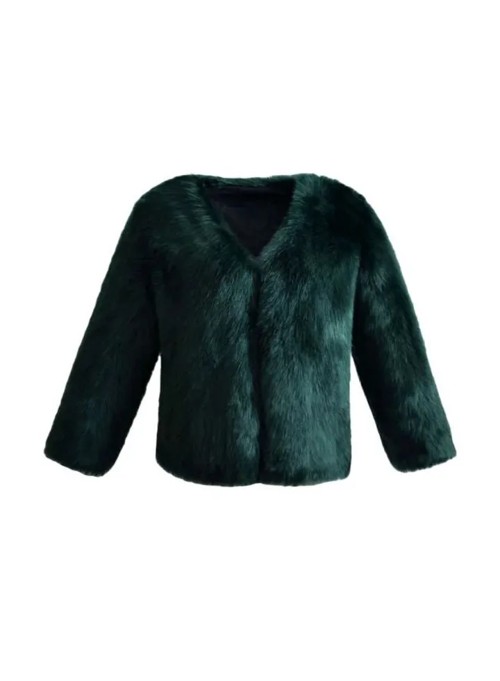 Long Sleeves Fluffy Fur Coat Green