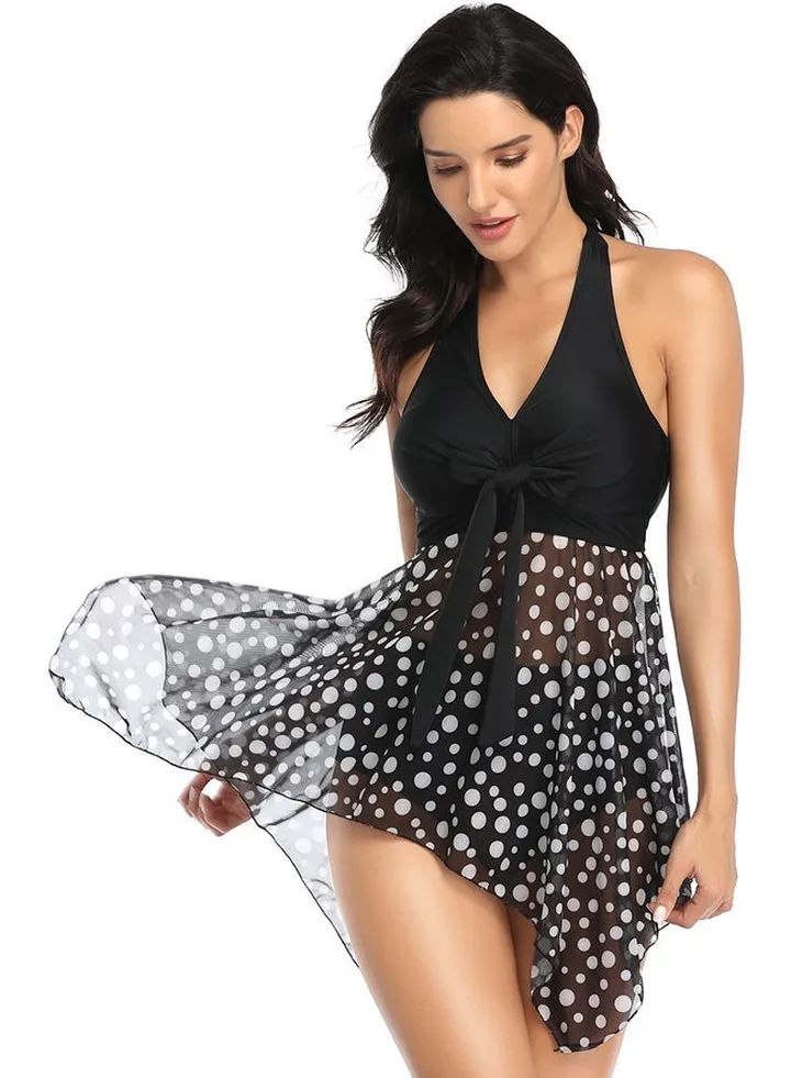 Polka Dot Asymmetric Hem Swimsuit Black