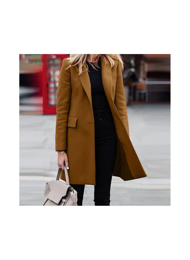 Squality Breasted Long Coat Women Khaki
