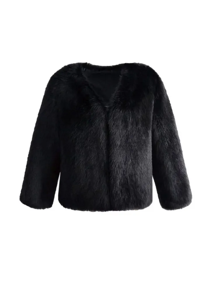 Long Sleeves Fluffy Fur Coat Black
