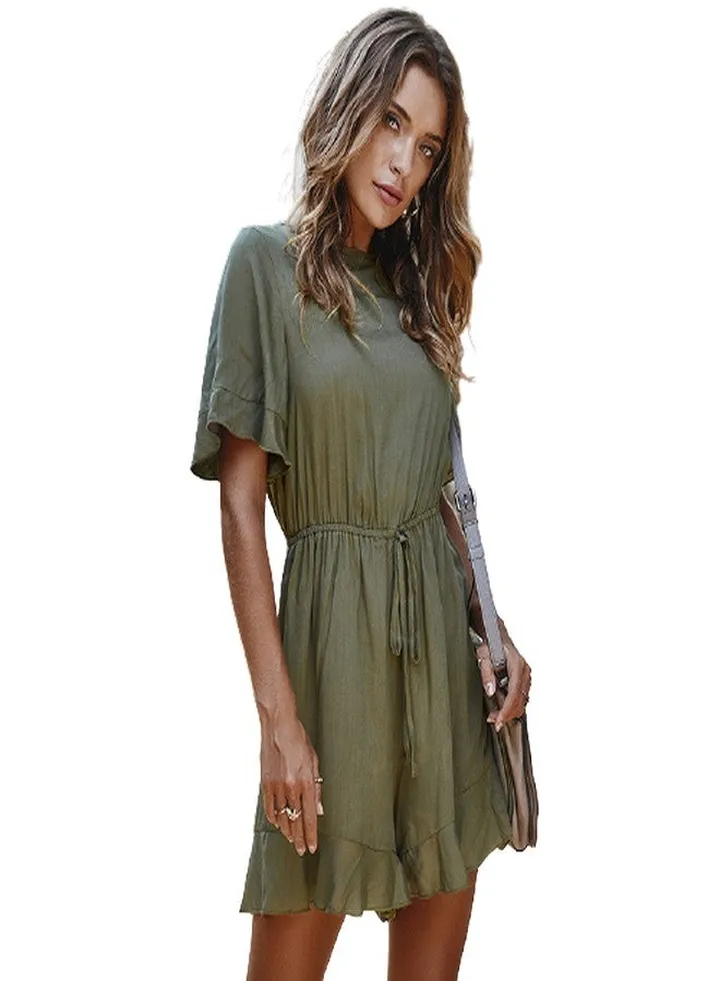 Casual Flared Hem Ruffles Jumpsuit Army Green