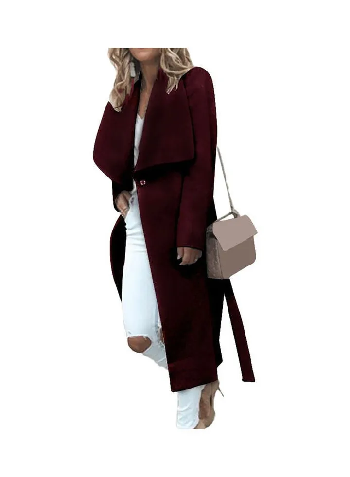 Long Sleeves Trench Coat Wine Red