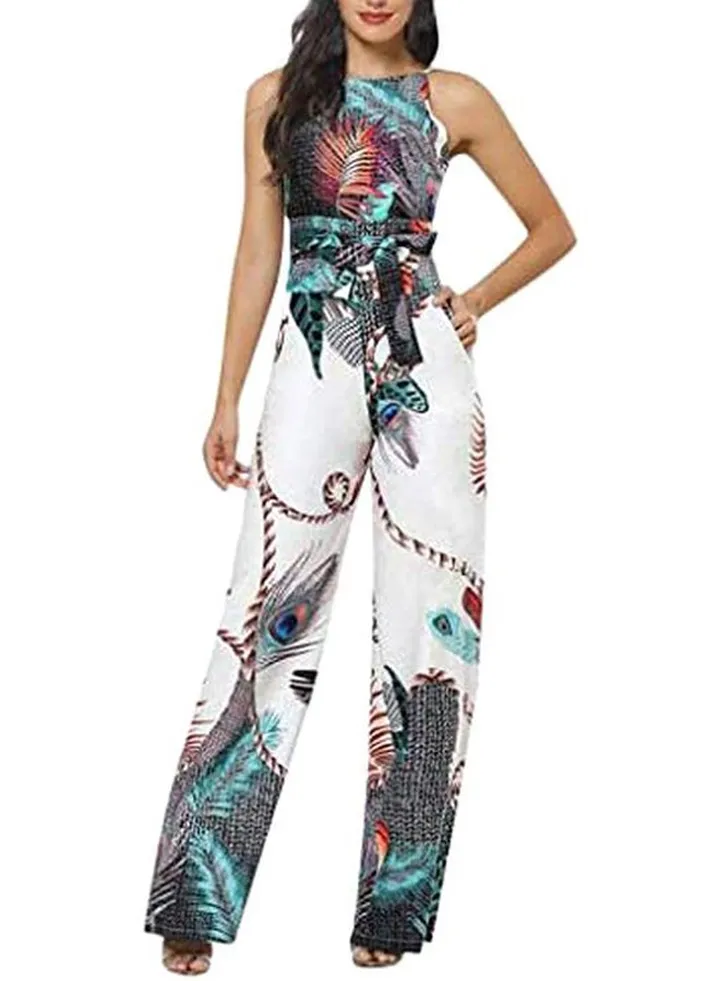 Feather Printed Jumpsuit White/Blue/Orange