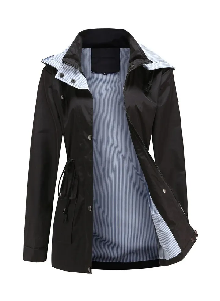 New Women's Autumn/Winter Detachable Hooded Windbreaker Black