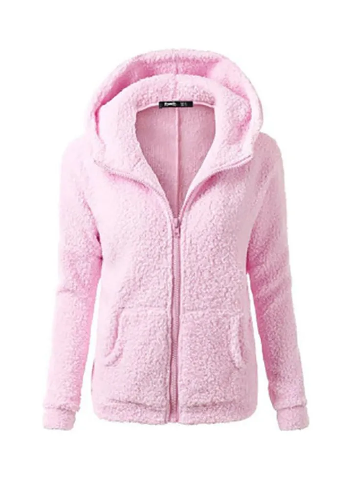 Winter Plush Pocket Hooded Sweatshirt Pink
