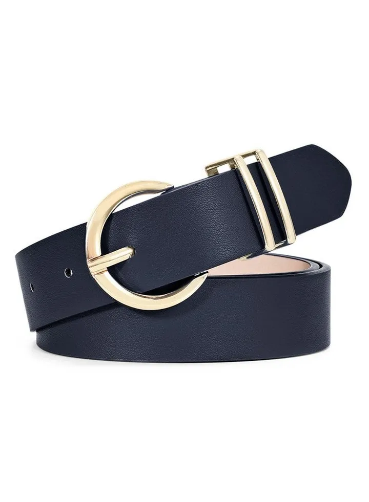 Women Leather Belt Fashion Designer Belt Gold Buckle Ladies Belt For Jeans Pants Dresses Navy Blue M
