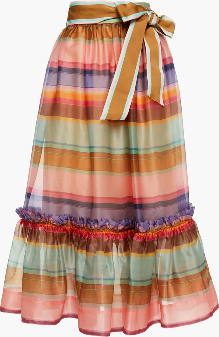 Gathered striped silk-organza midi skirt