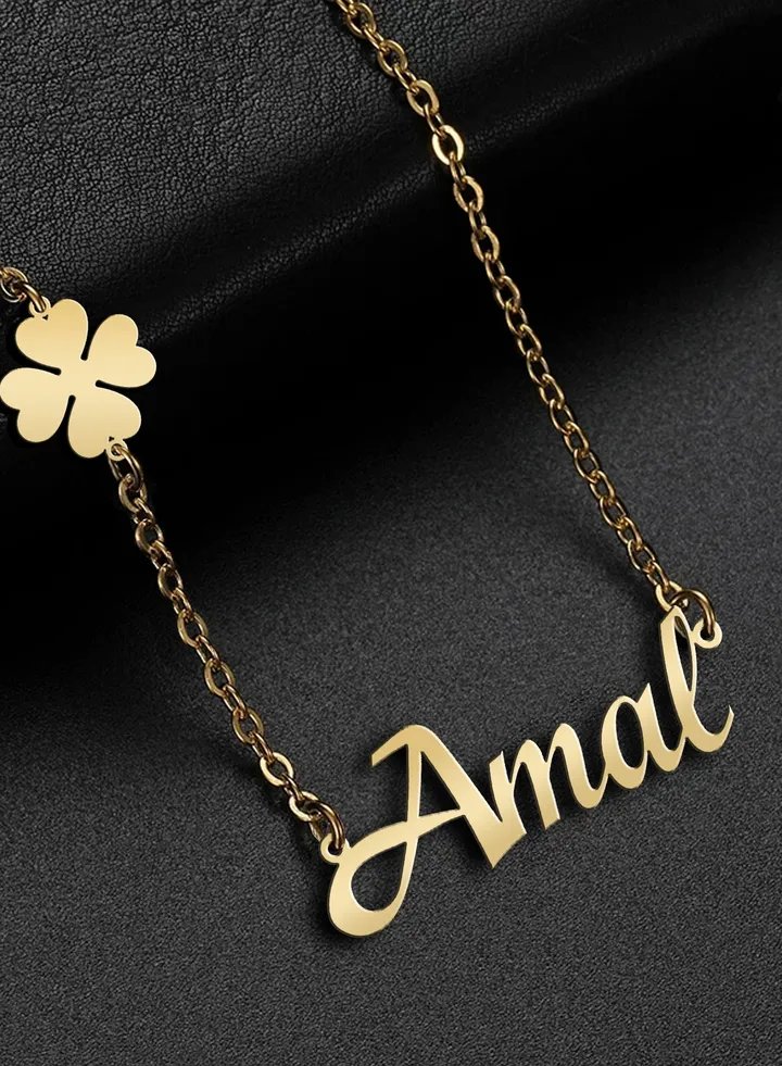 Women's necklace, clover flower pendant, chain with English name pendant, 925 silver, gold plated, Amal name