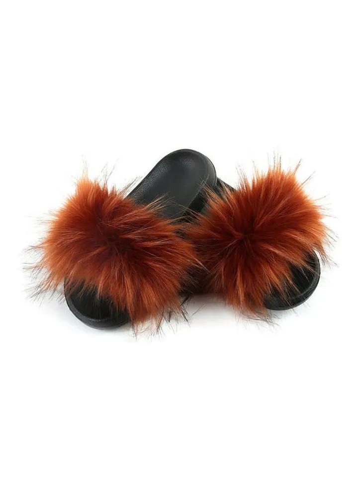 Fashion Women Long Faux Raccoon Fur Anti-slip EVA Slippers Brown/Black