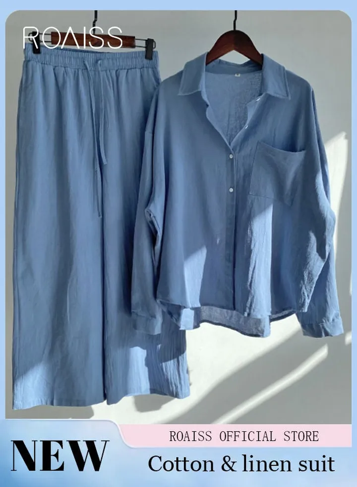 Ladies 2 Piece Set New Trend Fashion Cotton Linen Shirt Suit Loose Pants Summer Spring Clothes for Women Breathable and Cool Long-Sleeve Lapel Shirt