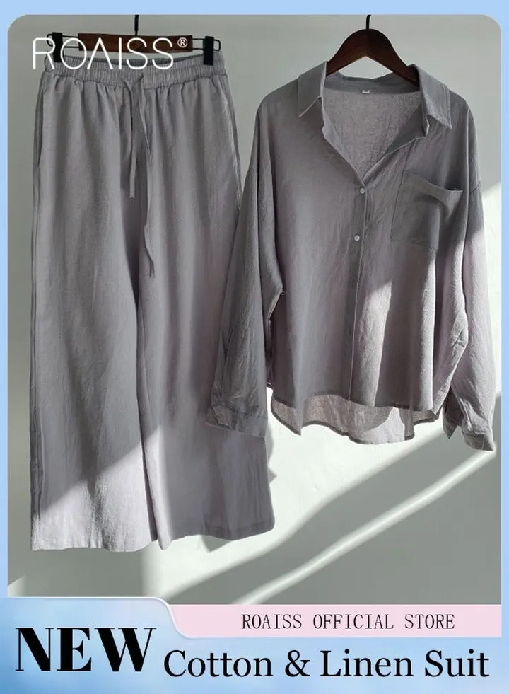 Ladies 2 Piece Set New Trend Fashion Cotton Linen Shirt Suit Loose Pants Summer Spring Clothes for Women Breathable and Cool Long-Sleeve Lapel Shirt