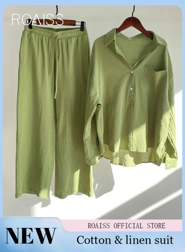 Ladies 2 Piece Set New Trend Fashion Cotton Linen Shirt Suit Loose Pants Summer Spring Clothes for Women Breathable and Cool Long-Sleeve Lapel Shirt