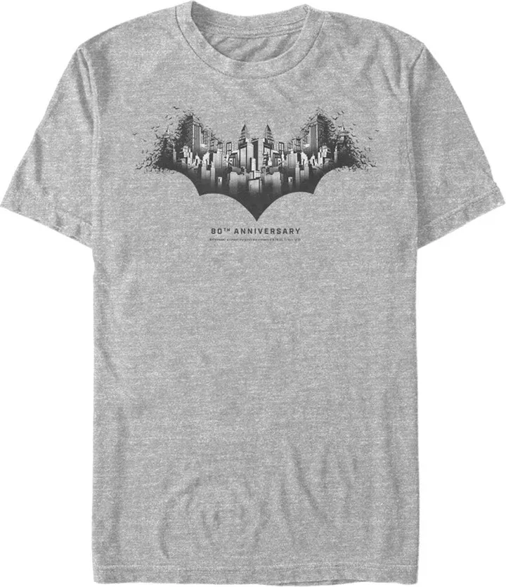 Men's Batman Gotham Skyline Bat Shape T-Shirt - Athletic Heather - Large