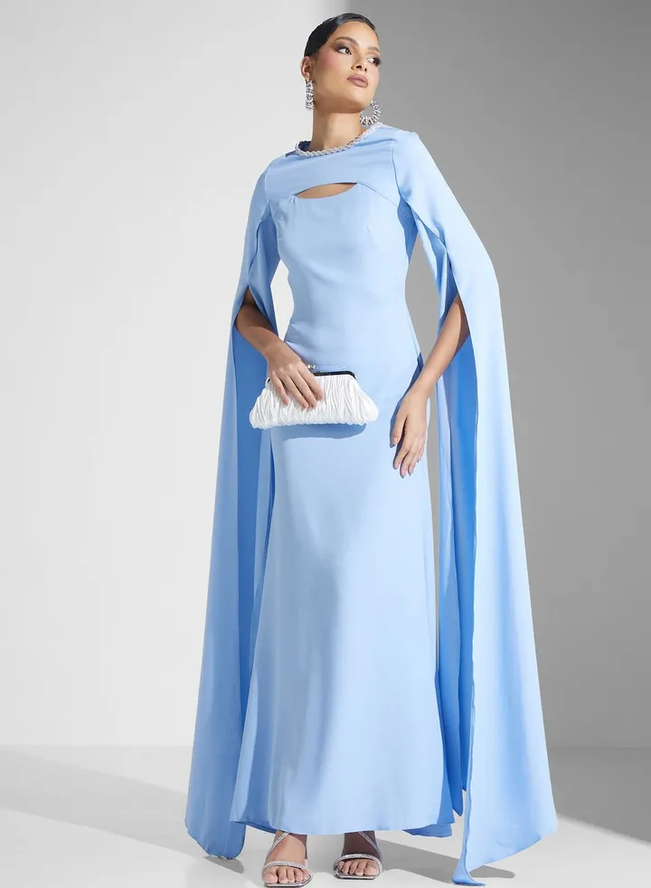 Embellished Neck Dress With Exaggerated Sleeve