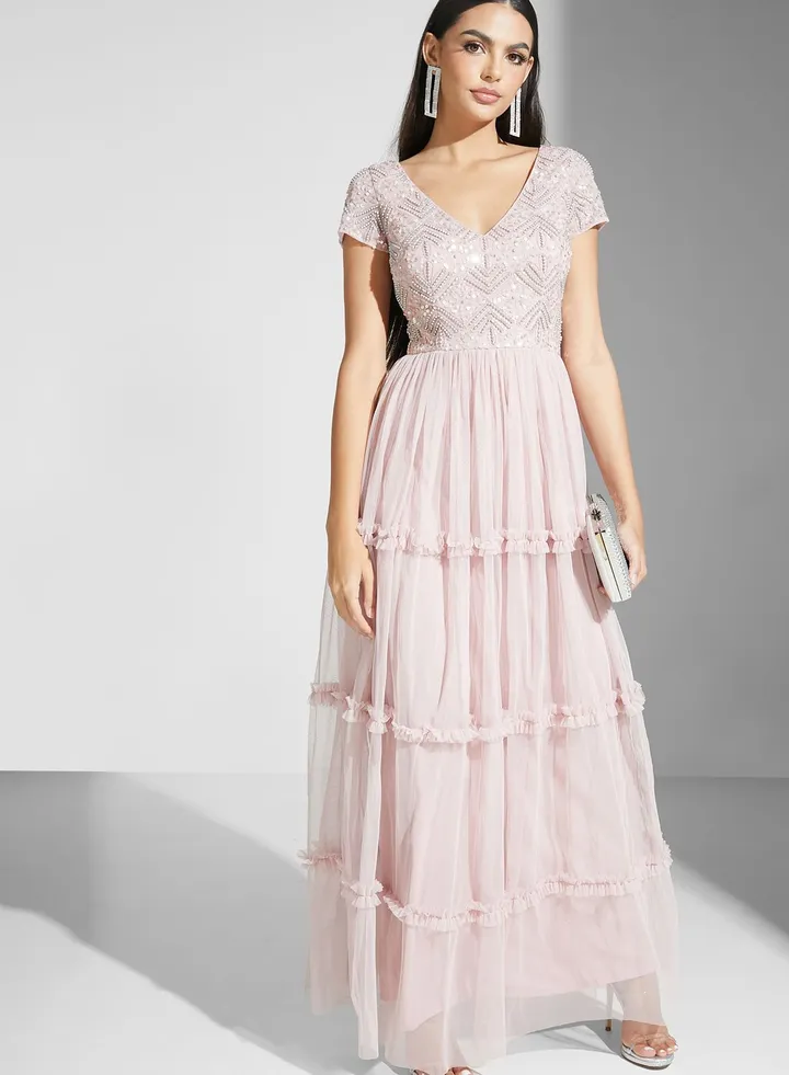 Julia Embellished Bodice Dress With Tier Detail