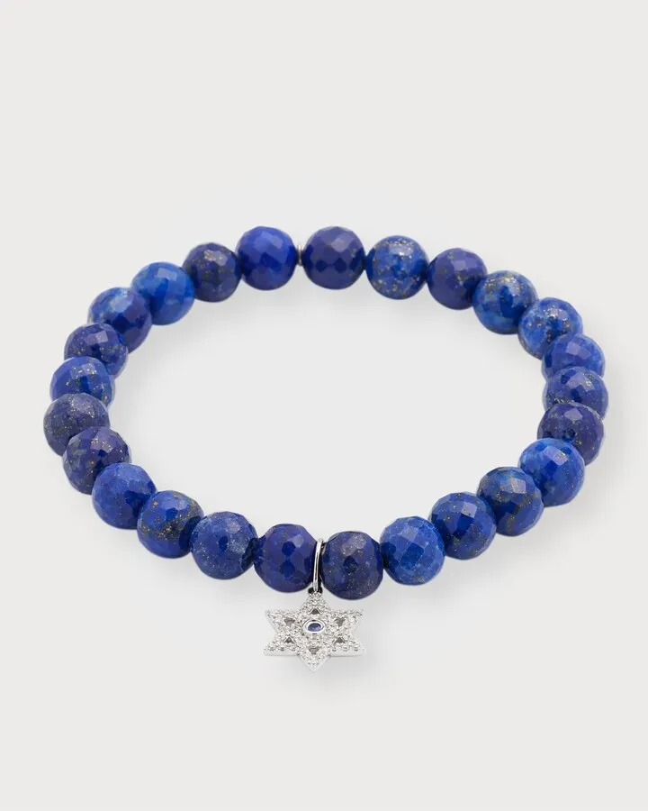 7mm Lapis Faceted Rondelle Bracelet With Diamond Star of David Charm