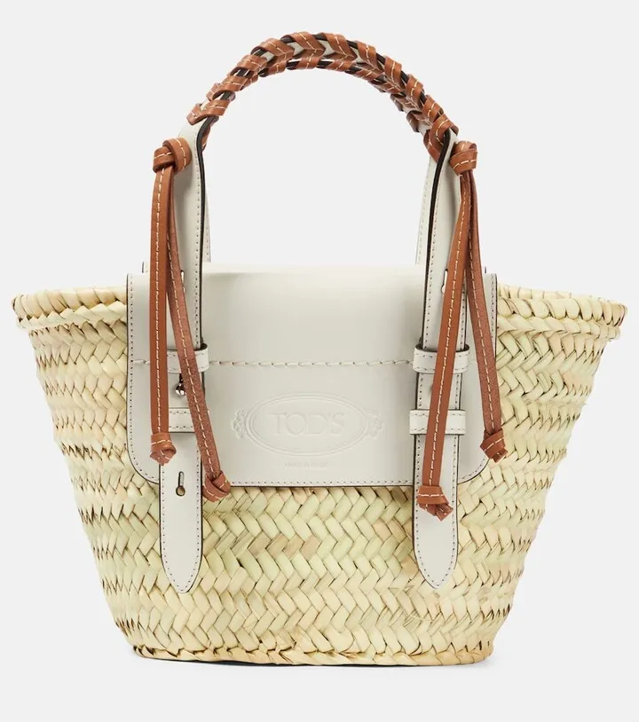 Small leather-trimmed raffia tote bag
