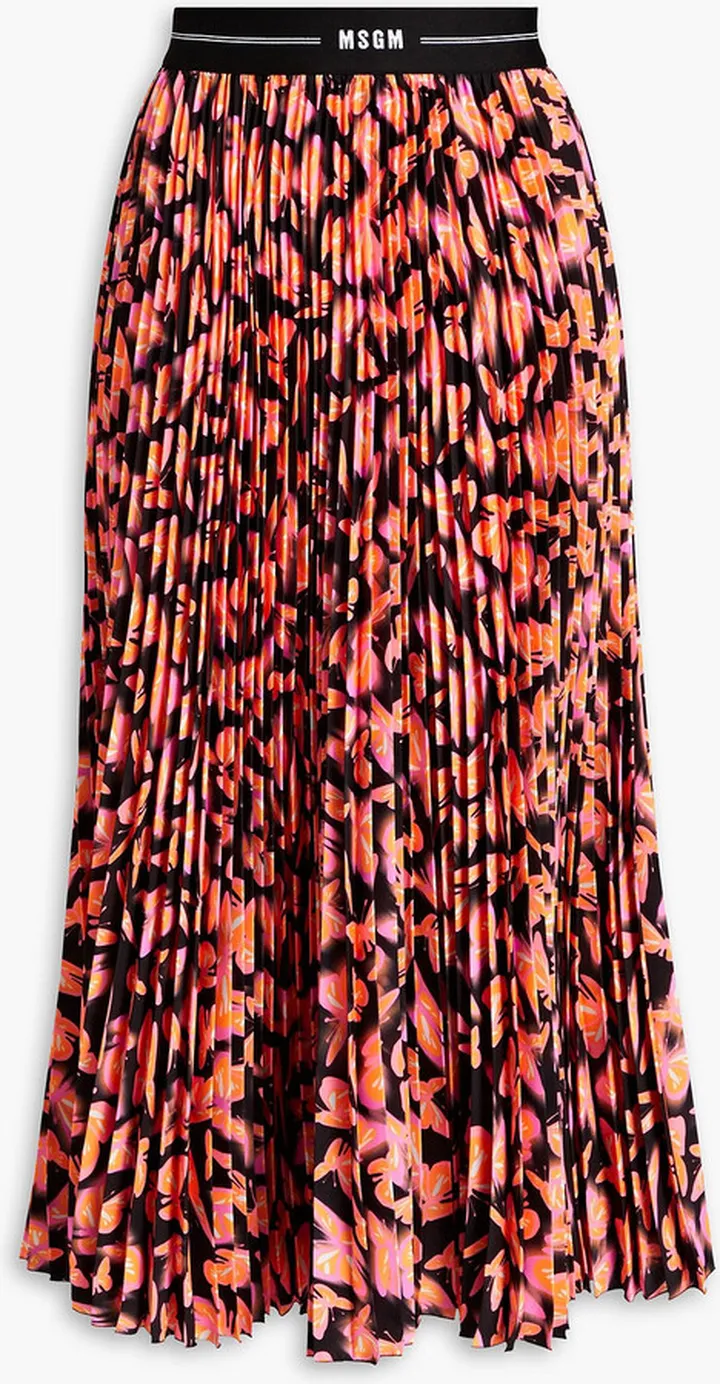 Pleated printed crepe de chine midi skirt