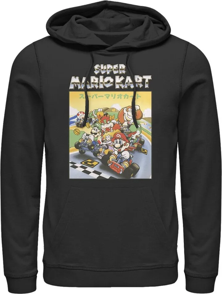 Men's Nintendo Mario Kart Retro Chrome Logo Group Shot Pull Over Hoodie - Black - Large