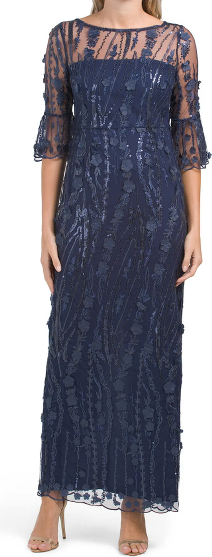 Three-quarter Sleeve Floral Applique Gown With Illusion Neck