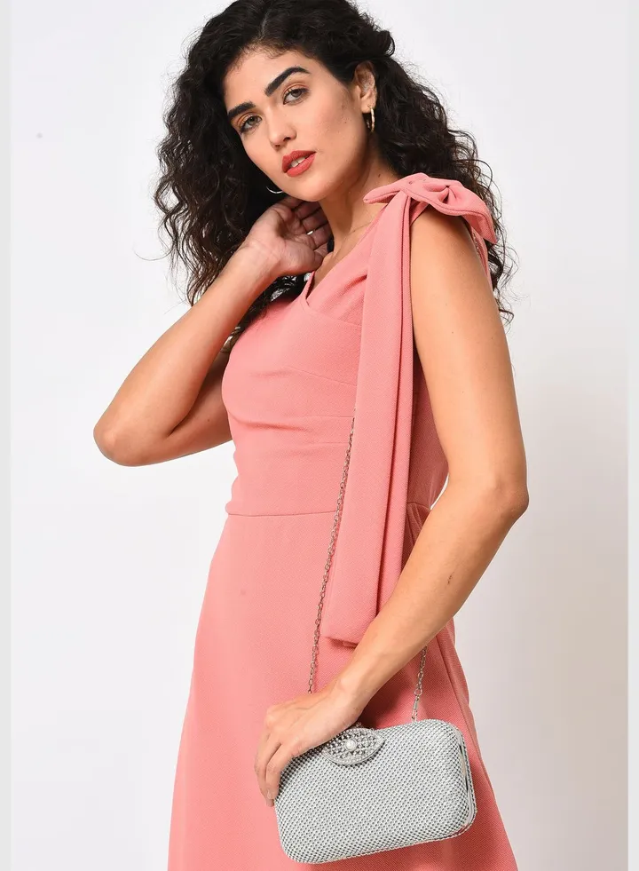 Textured Push Lock Clutch Bag with Chain Strap