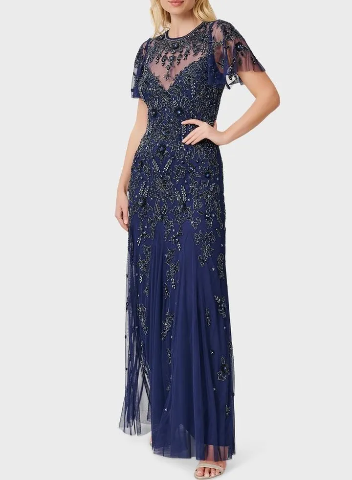 Tiered Mesh Flared Sleeve Sequin Dress