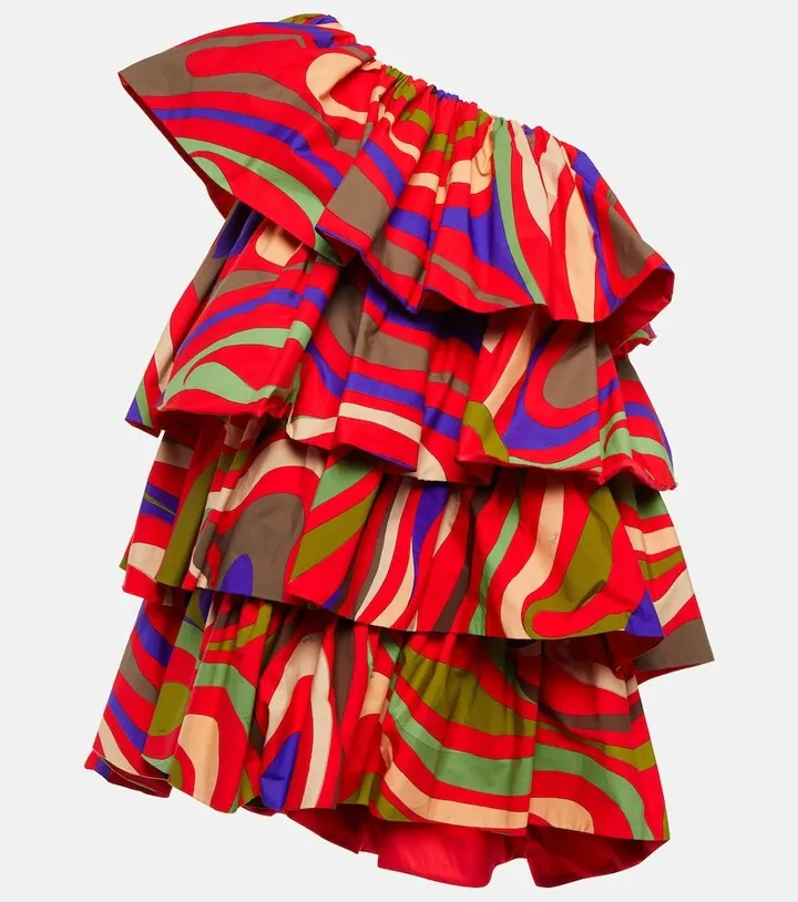 Printed cotton one-shoulder minidress